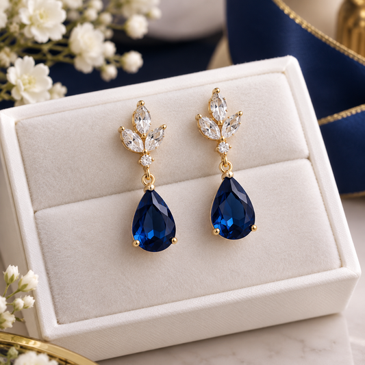 Elegant Sapphire Blue Drop Earrings – Gold Floral Crystal Earrings