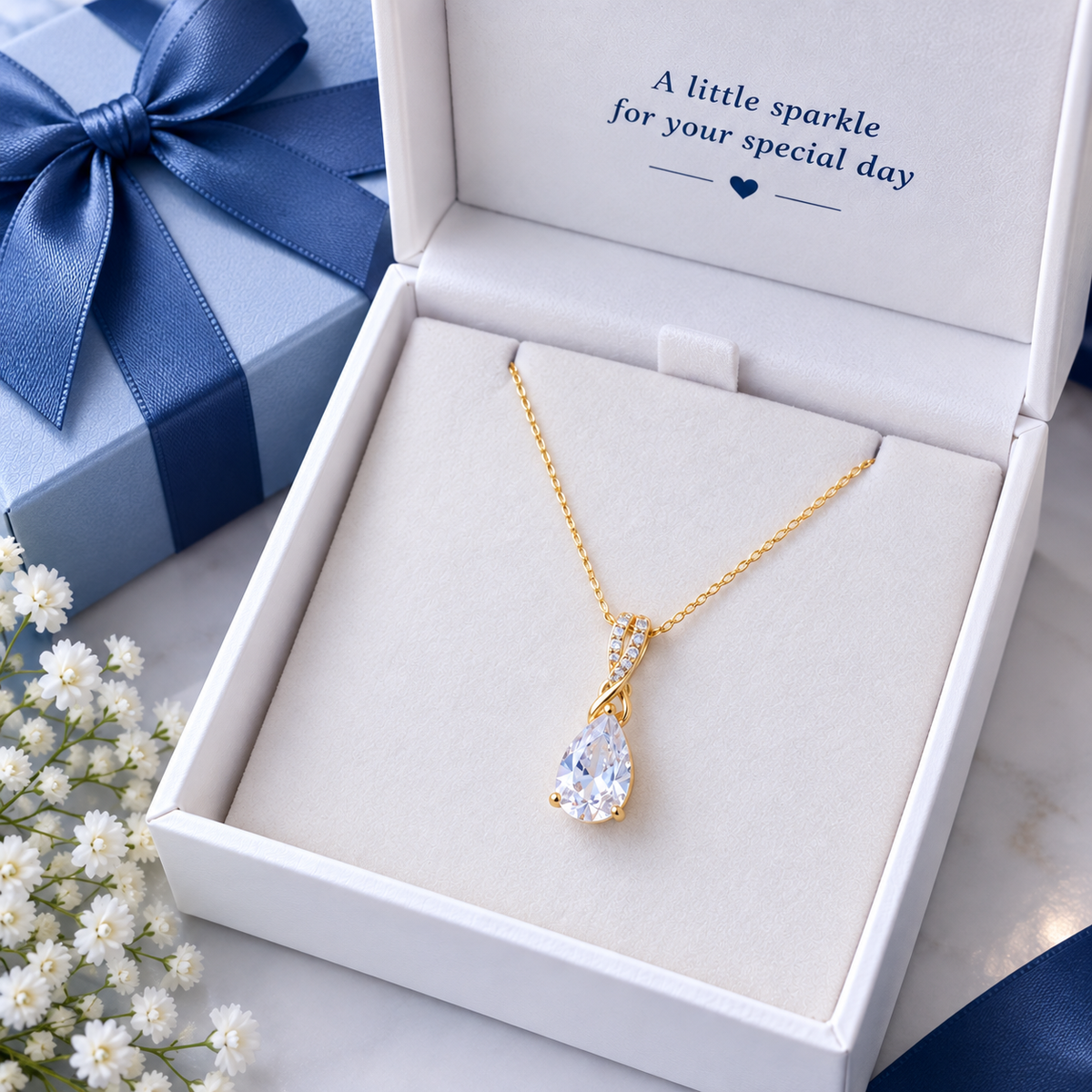 Gold teardrop crystal pendant necklace in a white jewelry box with blue gift packaging